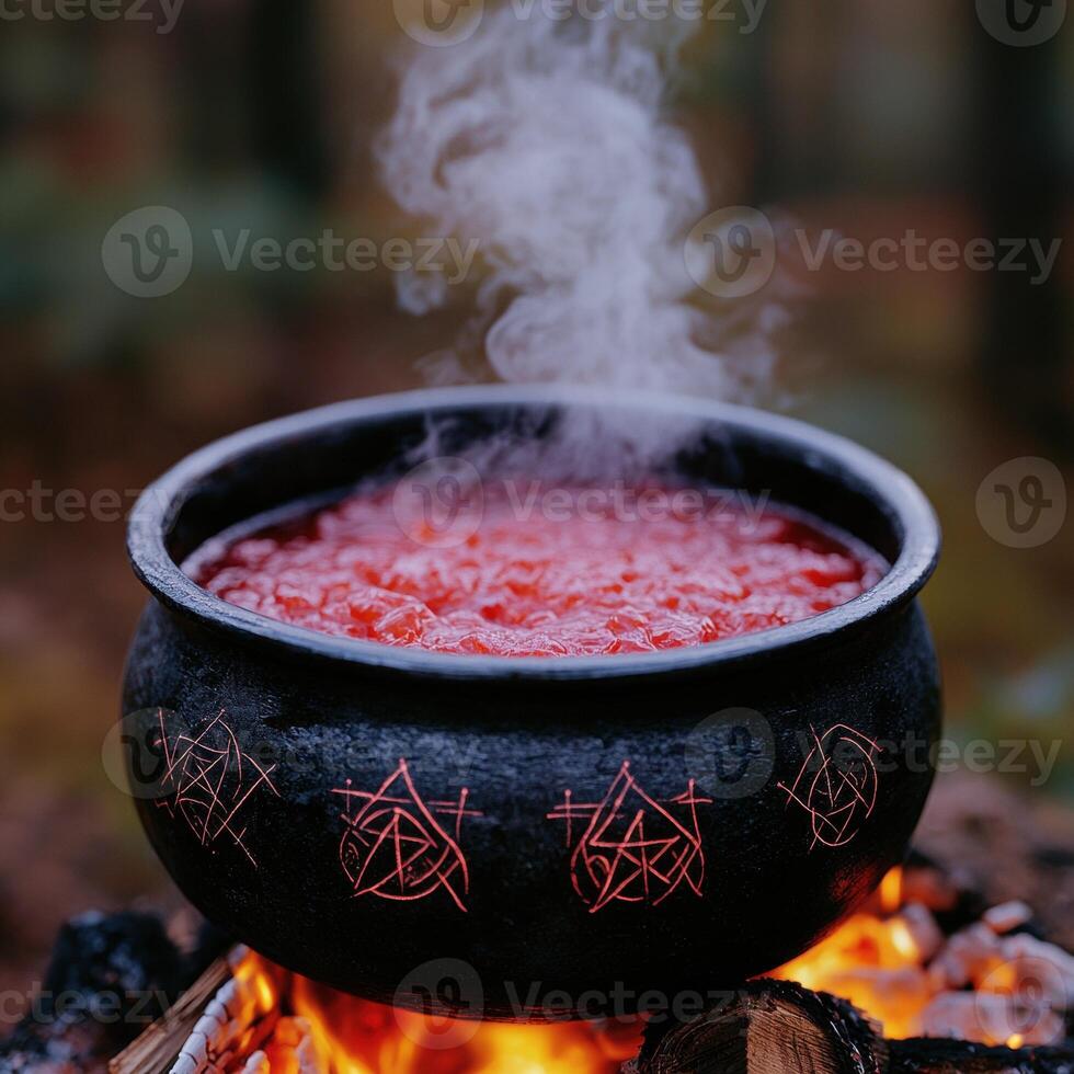 Steaming hot pot of traditional stew over a campfire photo