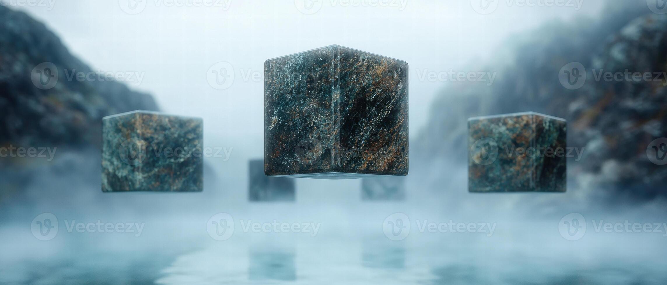 Mysterious stone cubes floating in misty lake photo