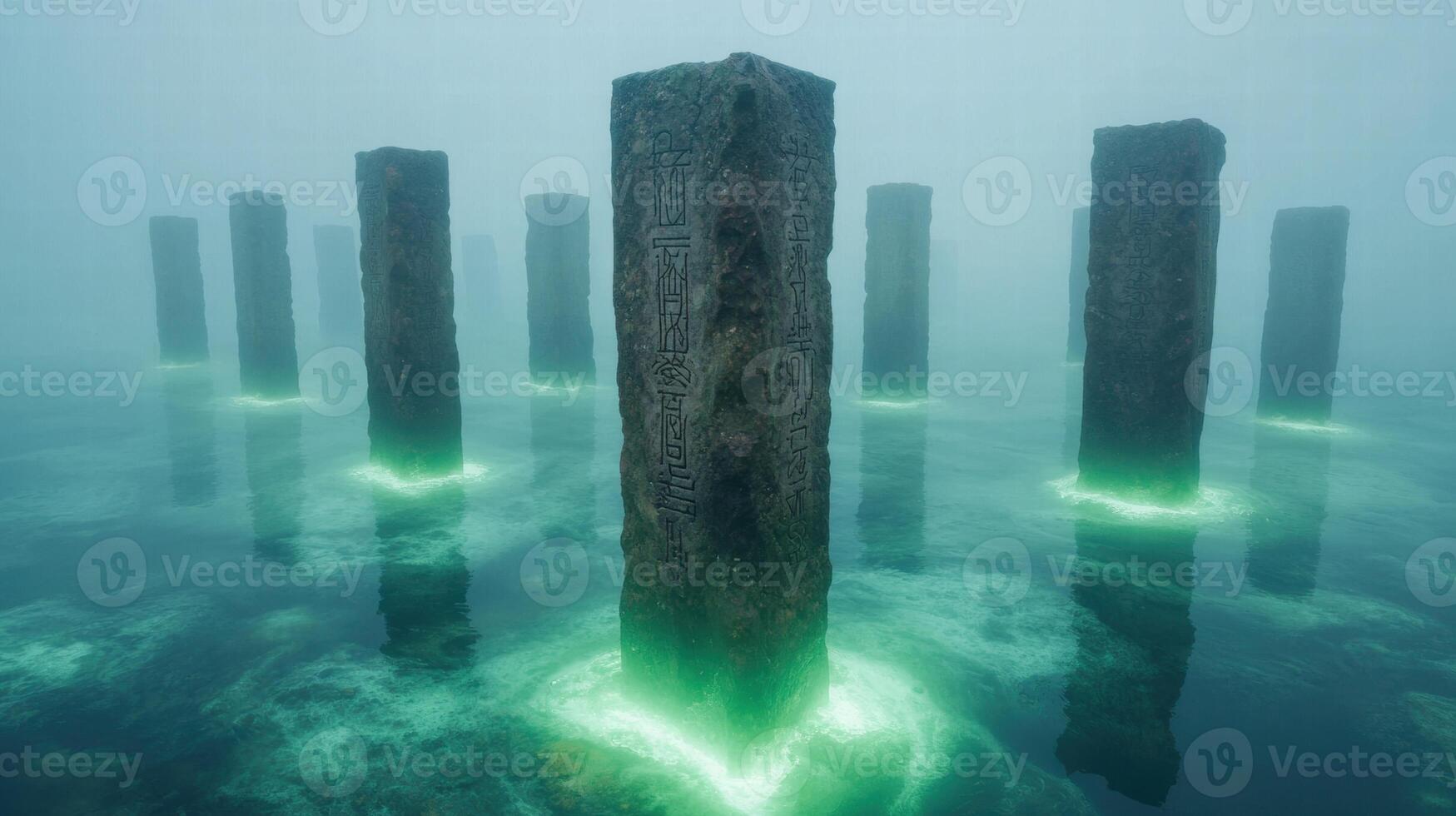 Mysterious underwater ruins with glowing columns photo