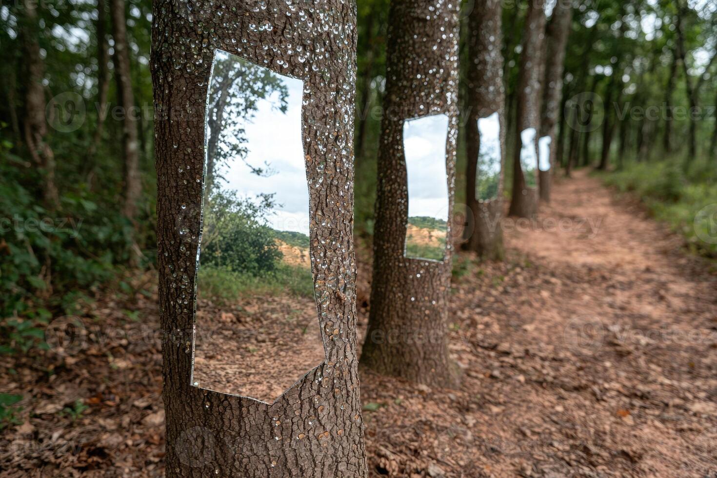 Reflective mirrors on trees in a forest photo