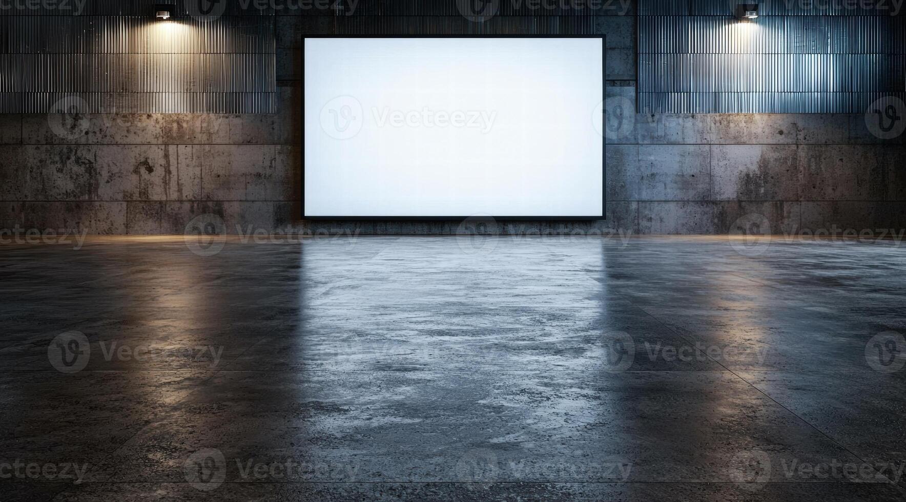 empty projection screen in dark industrial warehouse photo