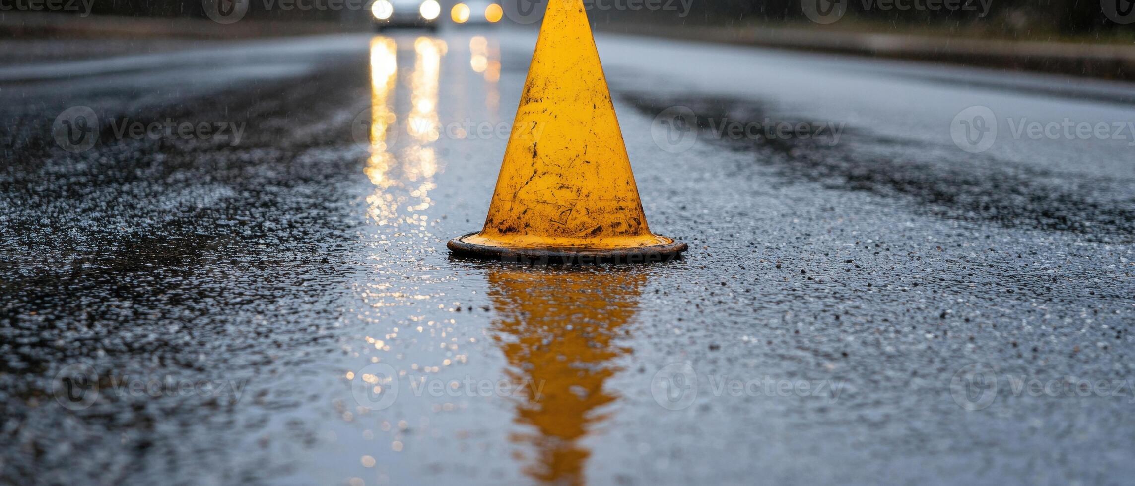 Wet road with traffic cone at night photo