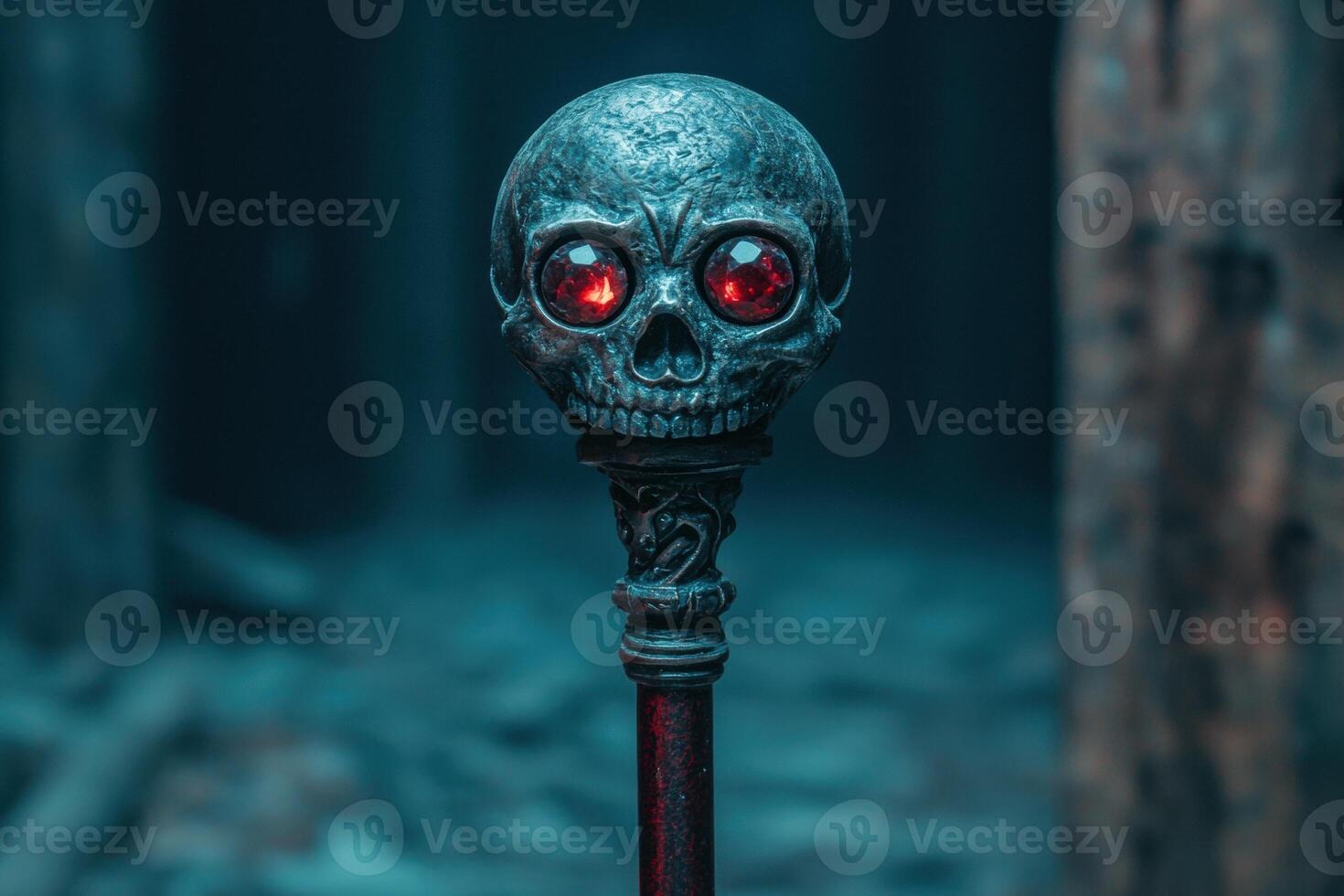 Spooky skull with glowing red eyes photo