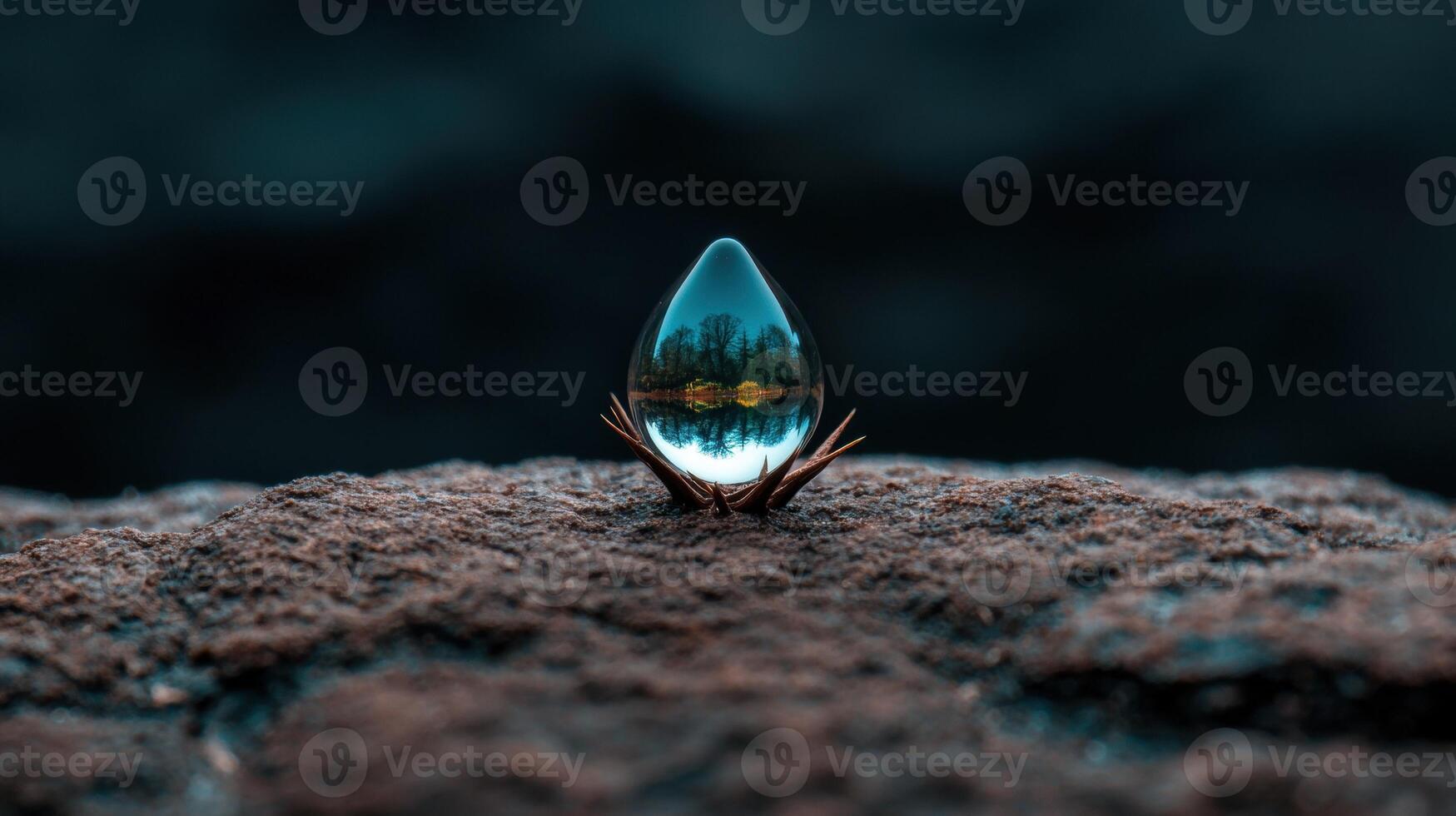 Reflection in a water droplet on a rock photo
