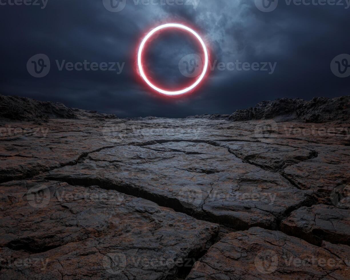 Glowing red ring in dark cloudy sky over rocky landscape photo