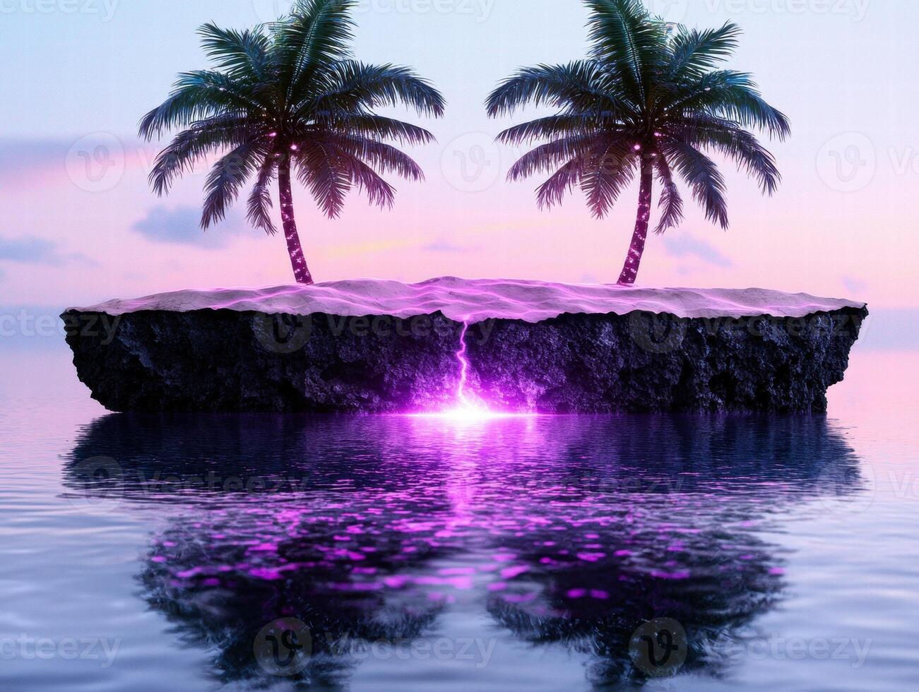 Tropical island paradise with palm trees and lightning bolt over ocean photo