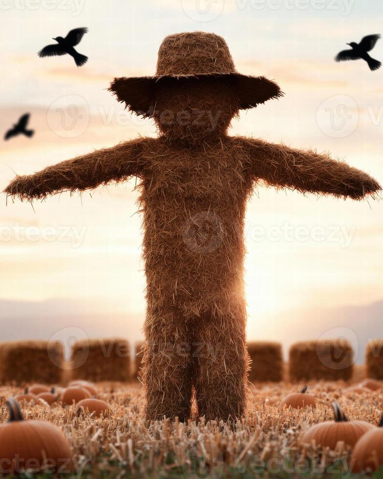 Scarecrow in a pumpkin field at sunset photo