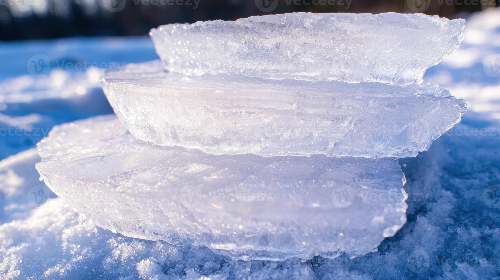 Transparent ice blocks on a snowy surface photo