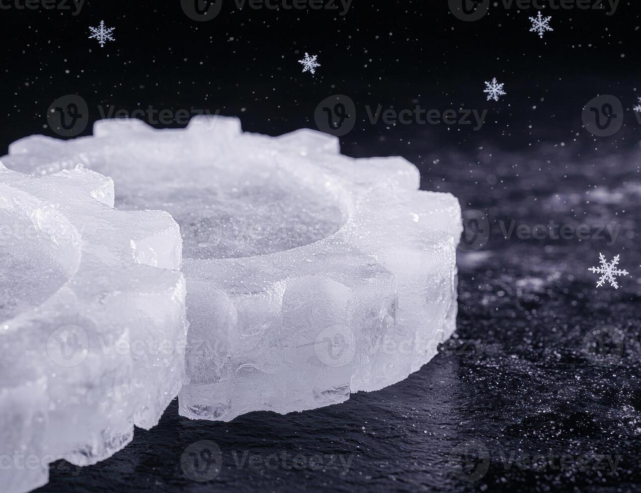 Frozen winter landscape with ice blocks and snowflakes photo