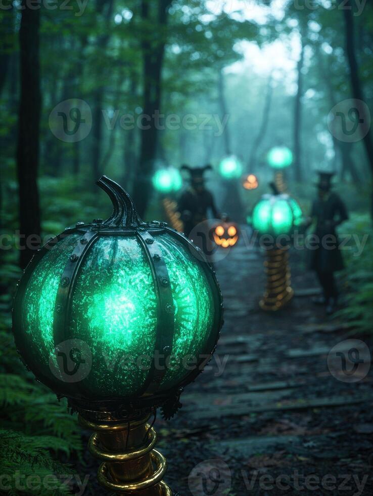 Enchanted forest halloween scene with glowing pumpkin lantern photo