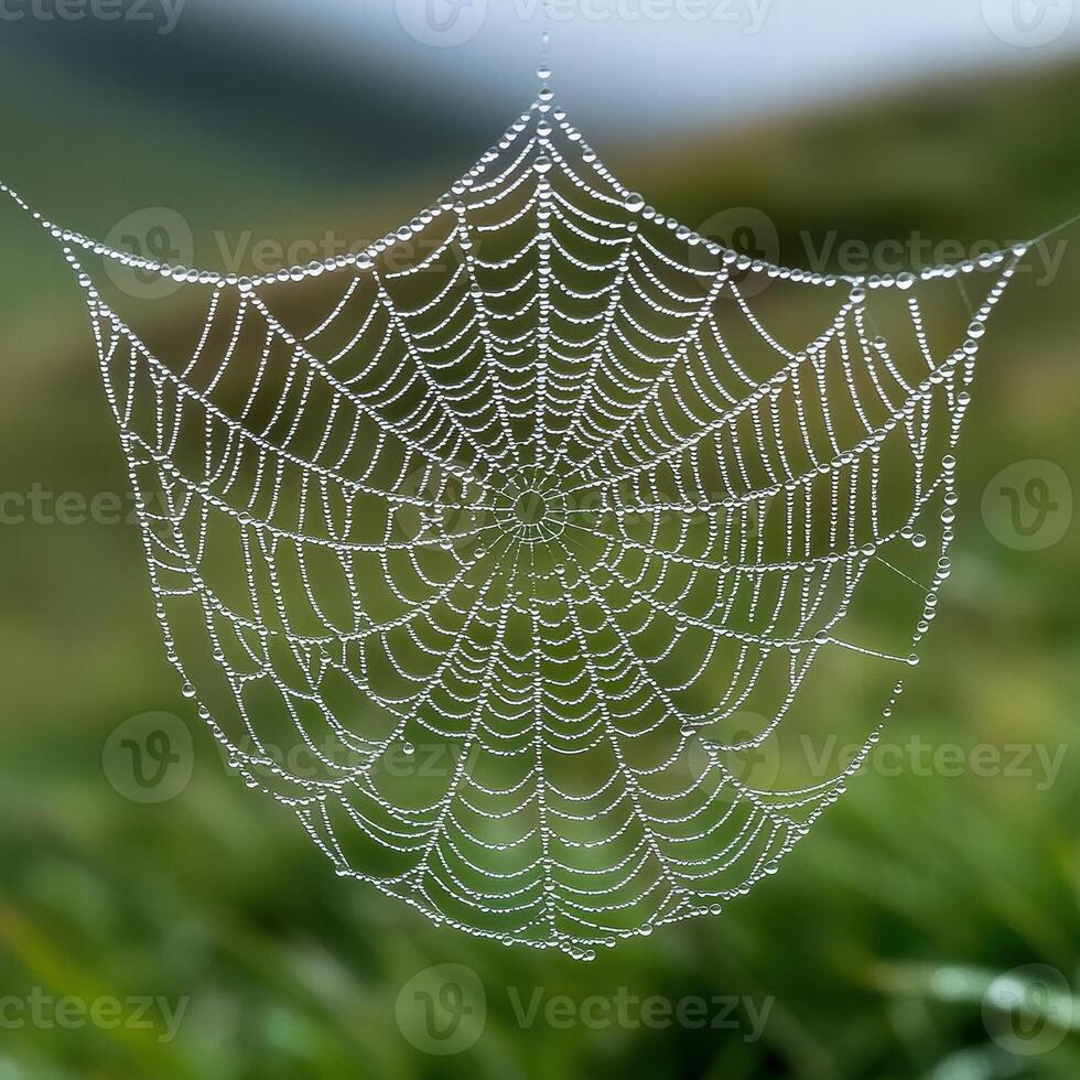 Intricate spider web covered in dew photo