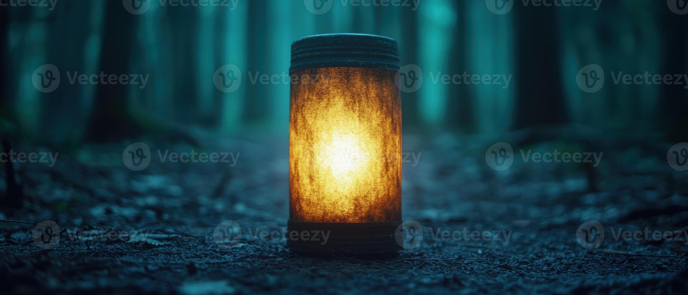 Glowing lantern in the dark forest photo