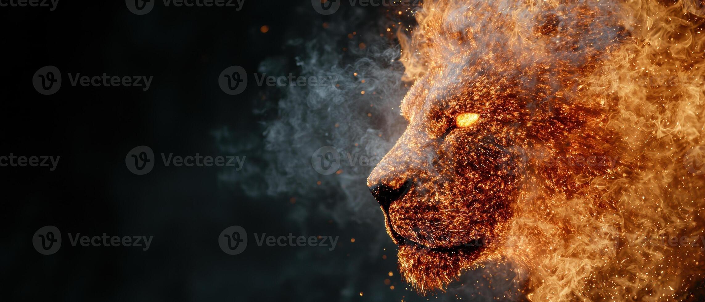 Fierce lion face with fiery mane and glowing eyes photo