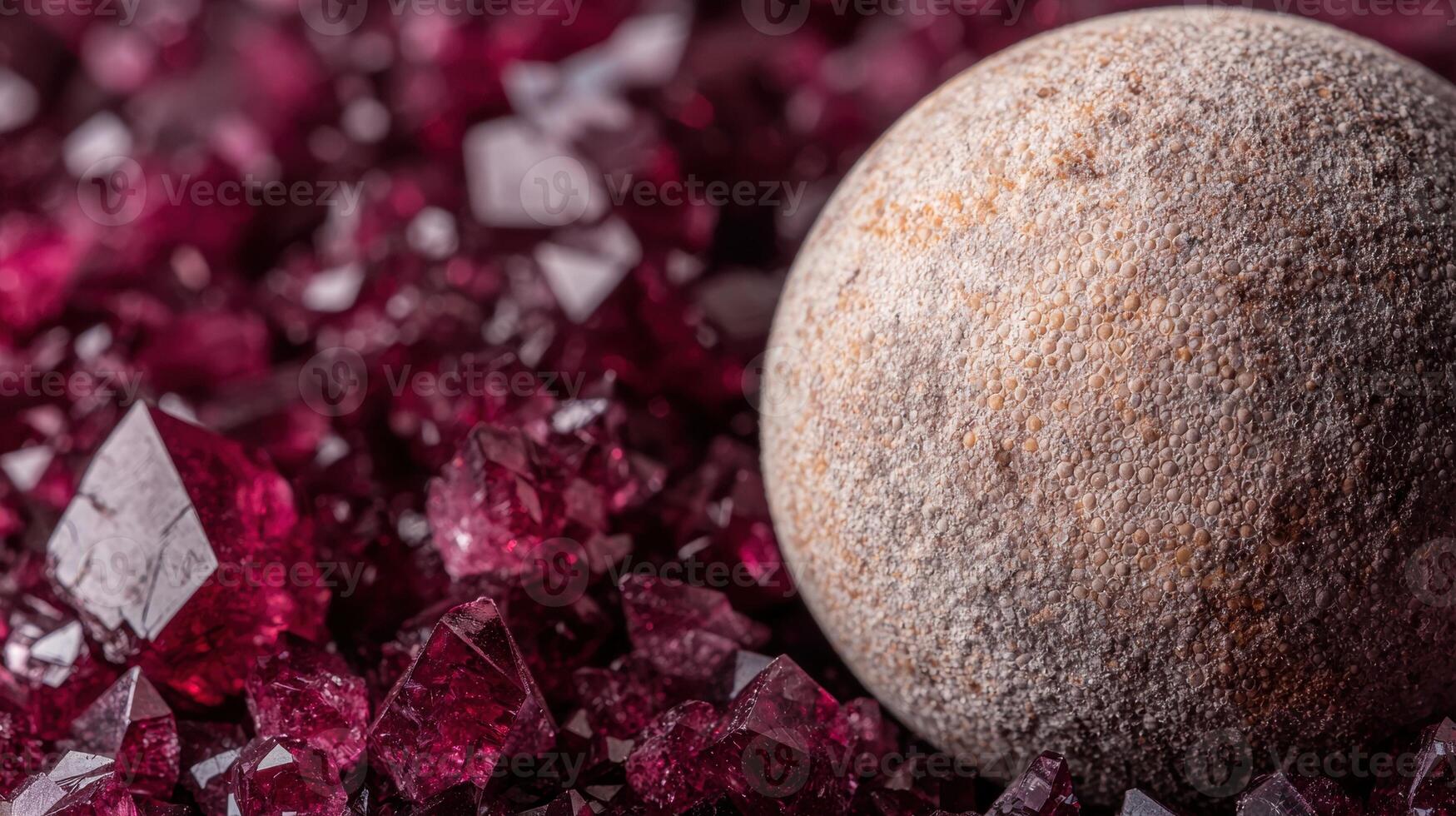 Closeup of pink crystal geodes and a smooth stone photo