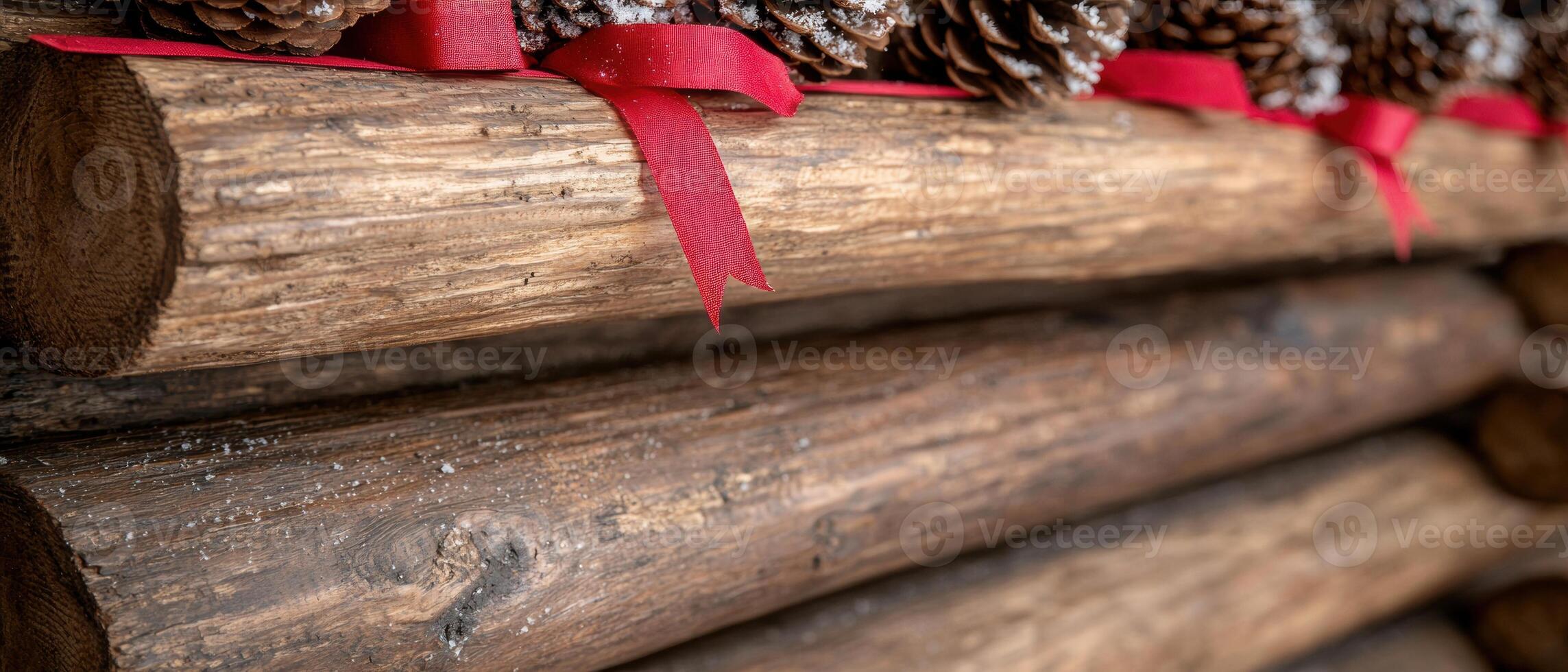 Festive Christmas log with red ribbon and pine cones photo