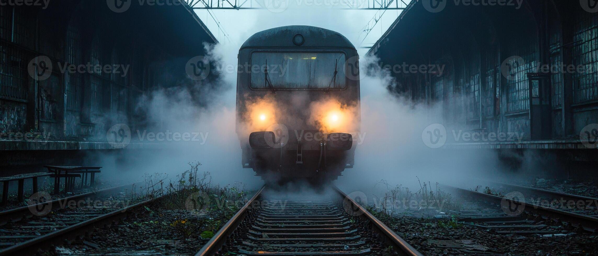 Abandoned train station with steam locomotive photo