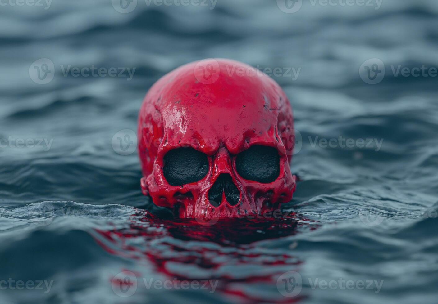 Haunting red skull floating in dark water photo