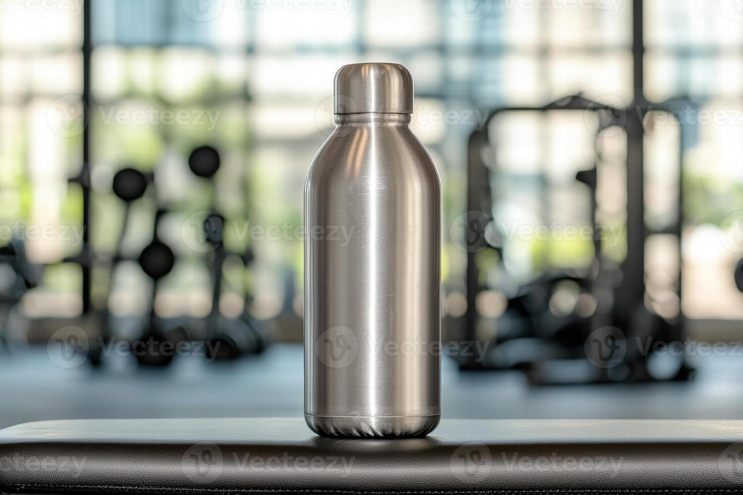 Stainless steel water bottle in gym setting photo