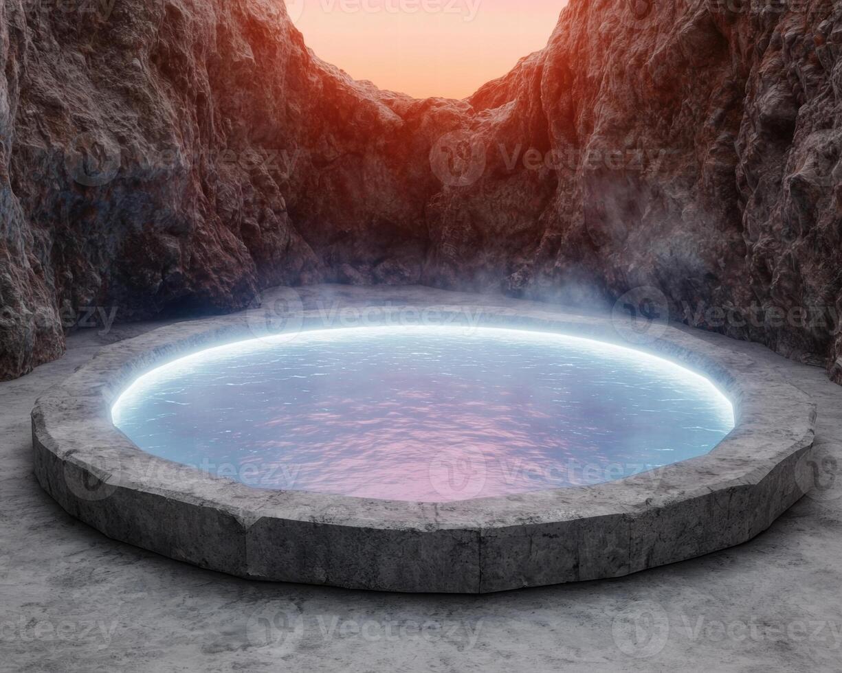 Serene natural hot spring pool in rocky canyon at sunset photo