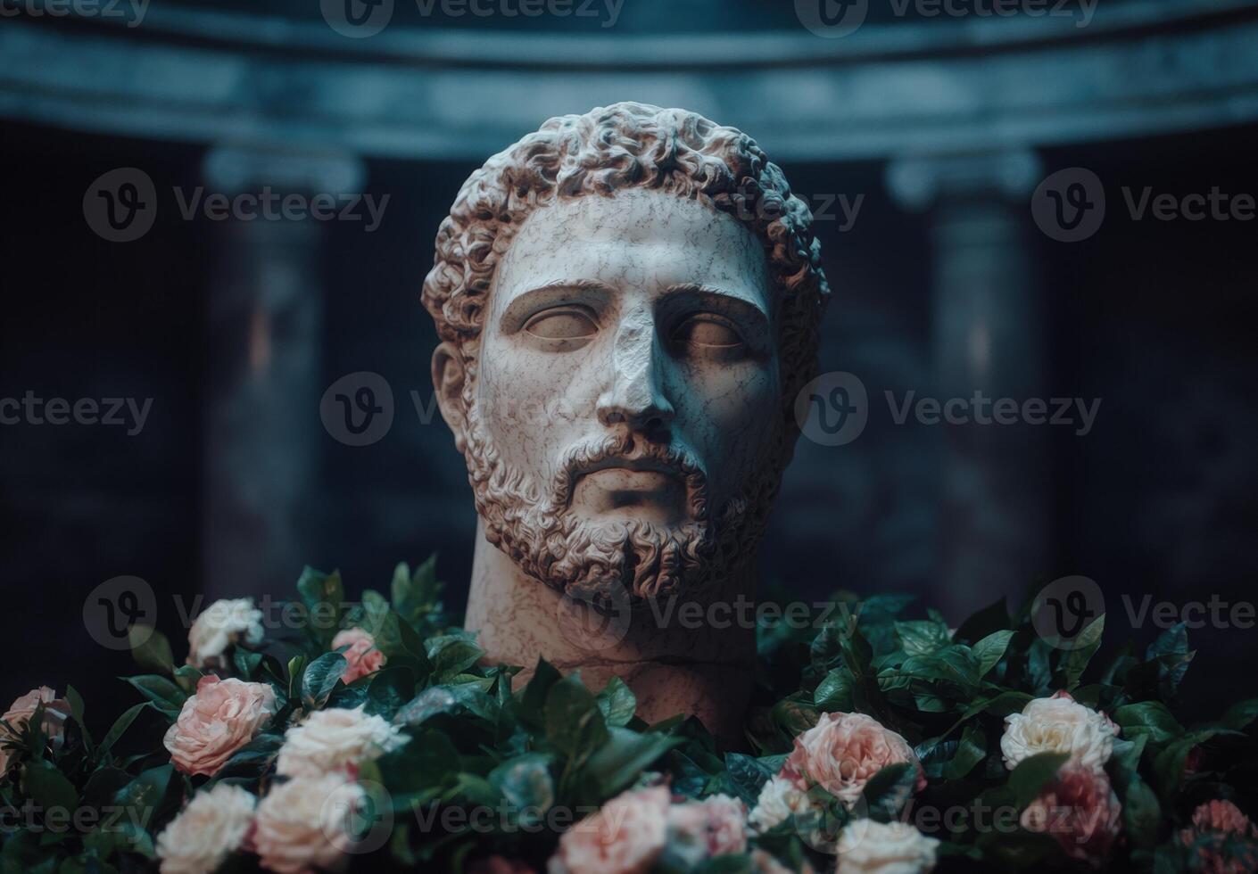 ancient marble bust surrounded by pink roses photo