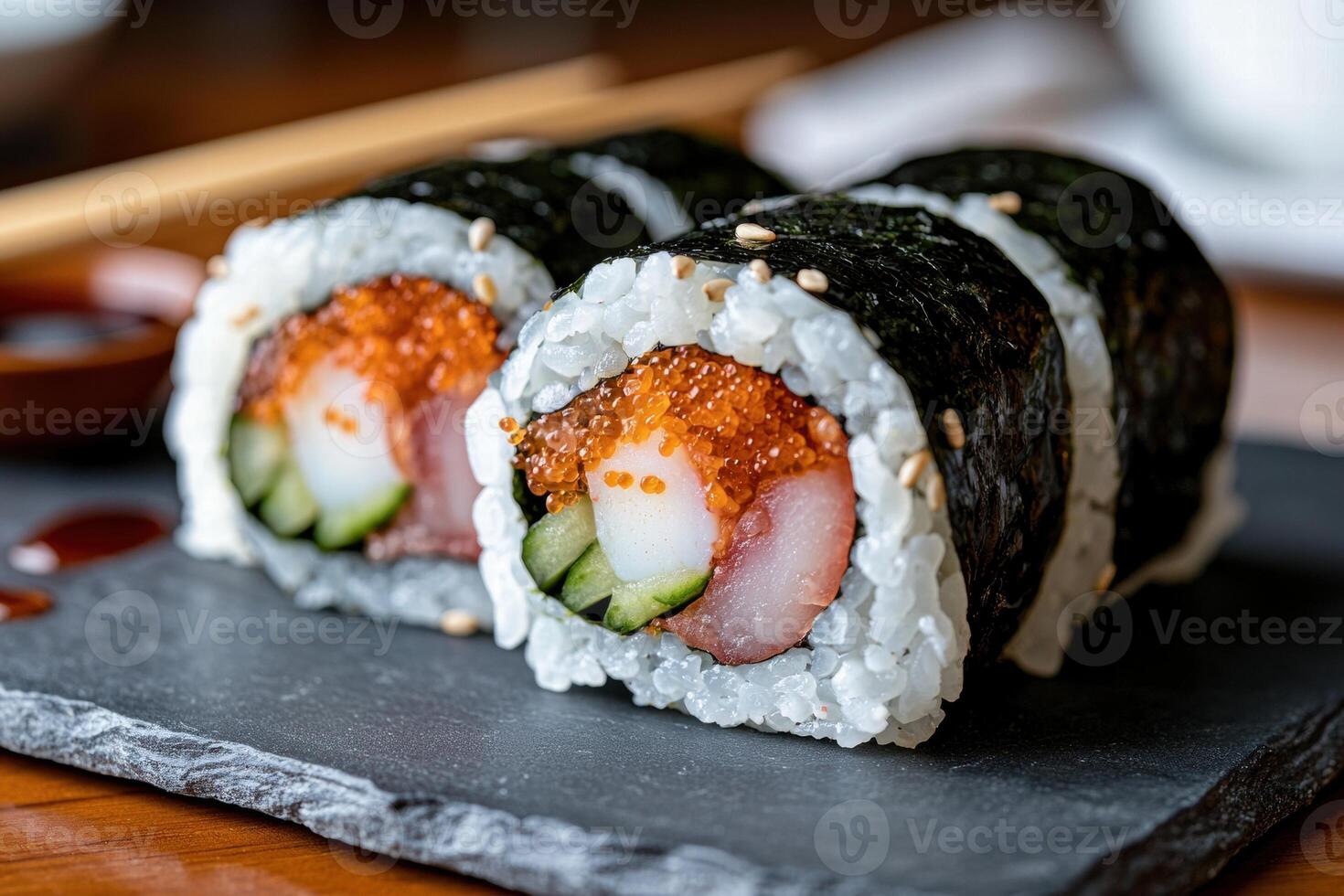Delicious sushi rolls with rice, cucumber, and salmon roe photo