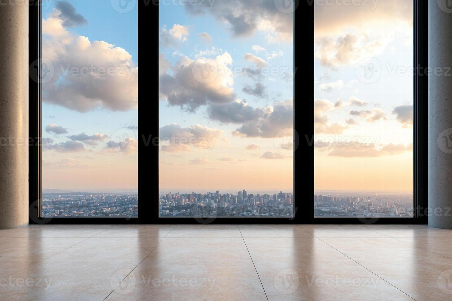 Panoramic city skyline view from modern office window photo
