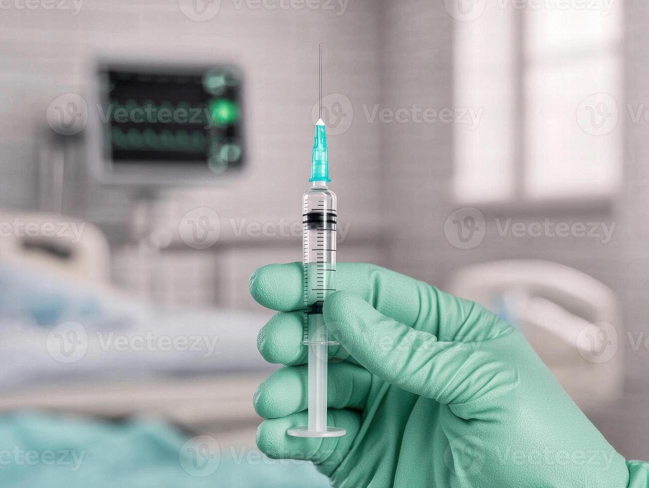 Medical syringe in hand with medical equipment in background photo