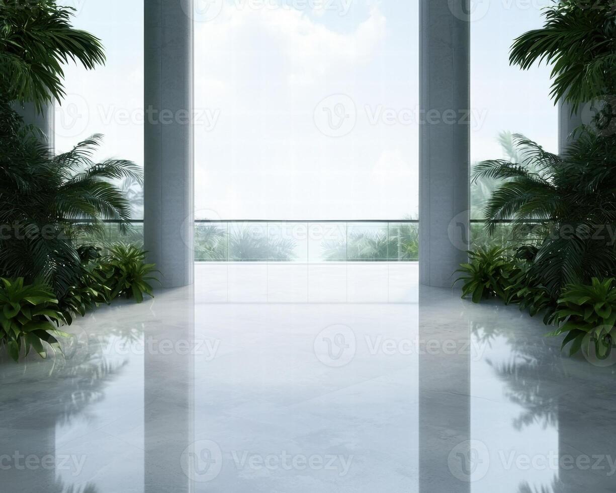 Tropical greenhouse interior with glass walls and palm trees photo