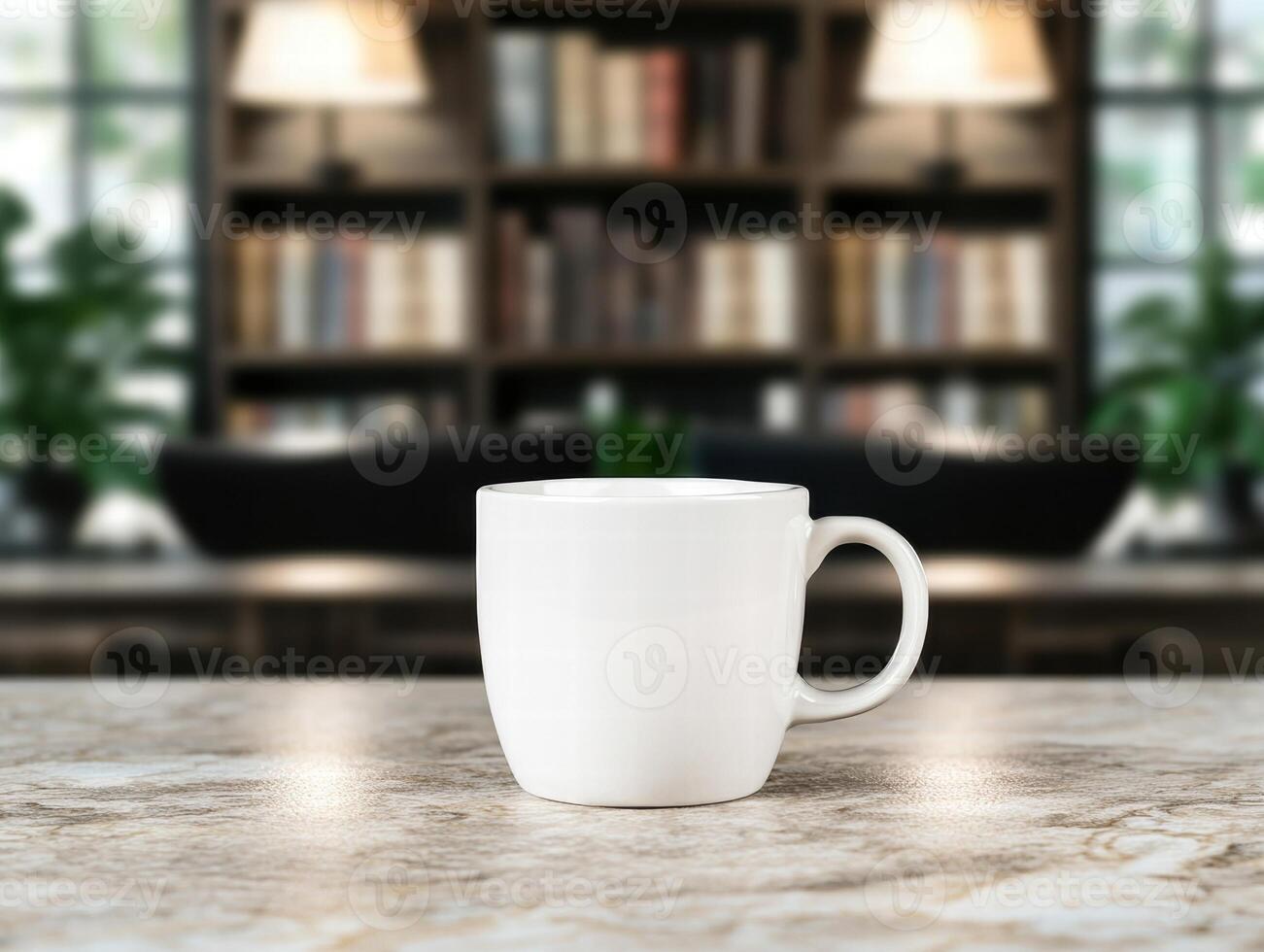 white coffee mug on wooden table with bookshelf in background photo