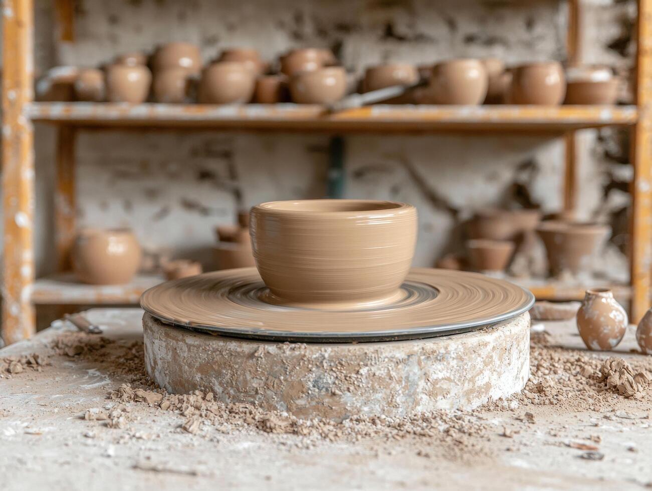 Handcrafted ceramic pottery on a potters wheel photo