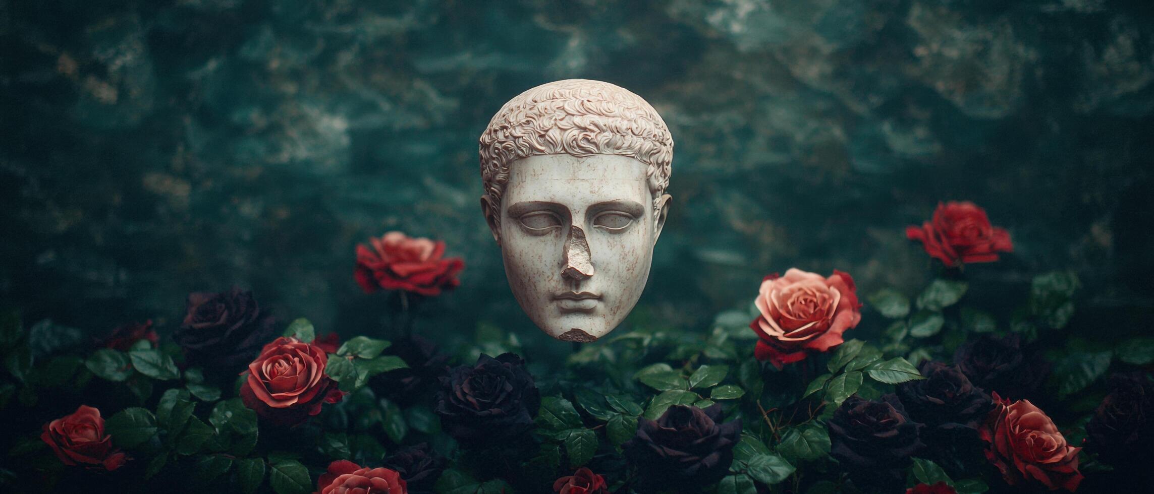 ancient greek statue surrounded by red roses photo