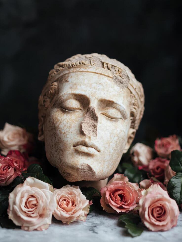 ancient greek sculpture surrounded by roses photo