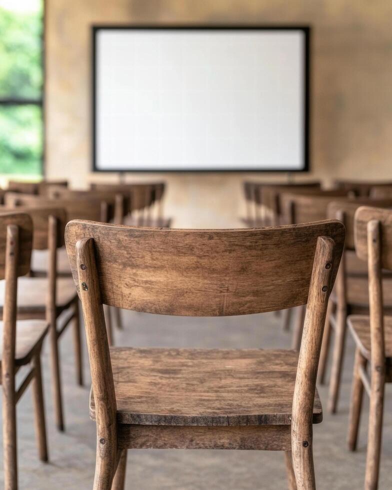 empty classroom with wooden chairs and projection screen photo
