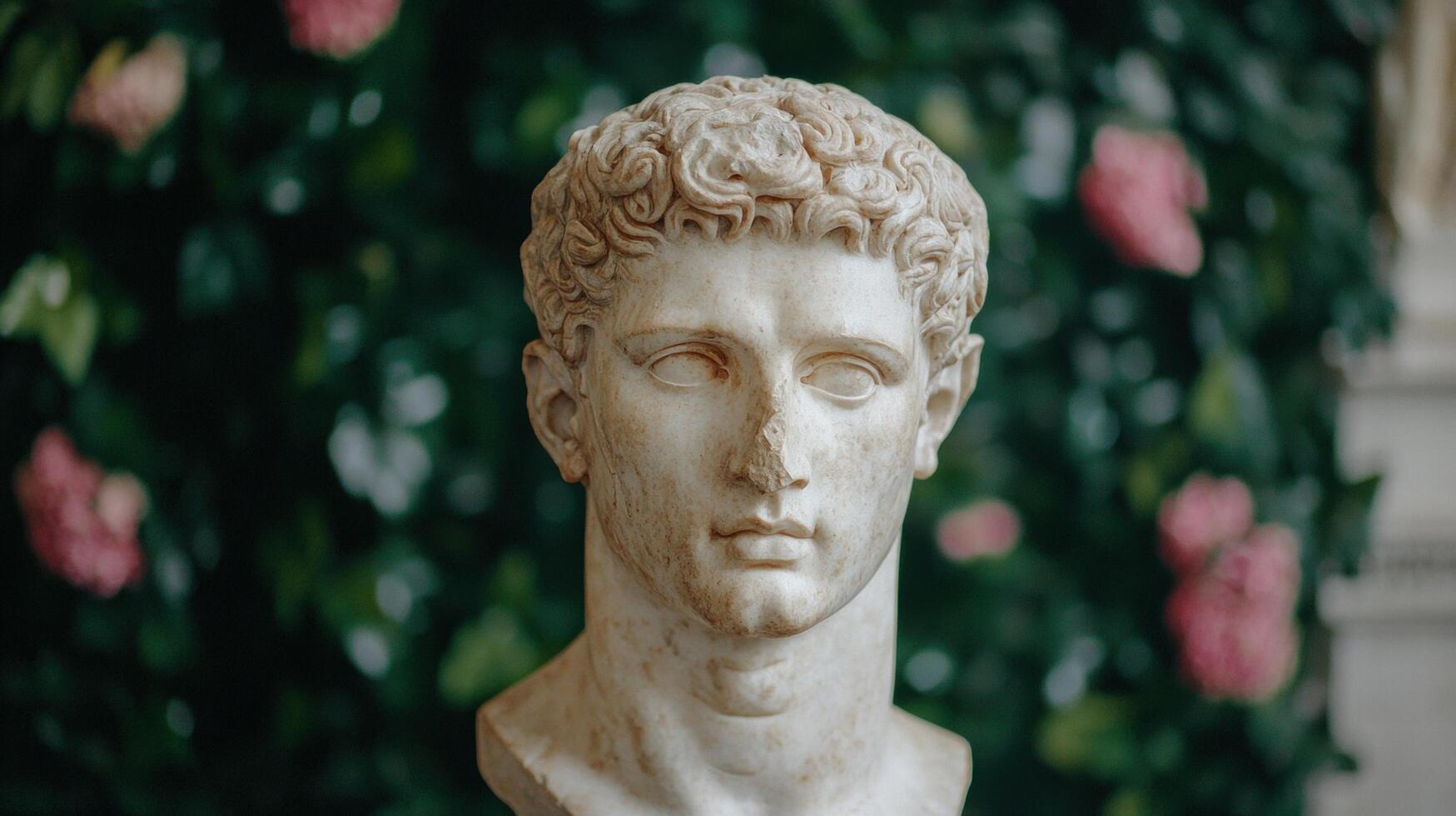 Marble bust of a classical figure in a garden photo
