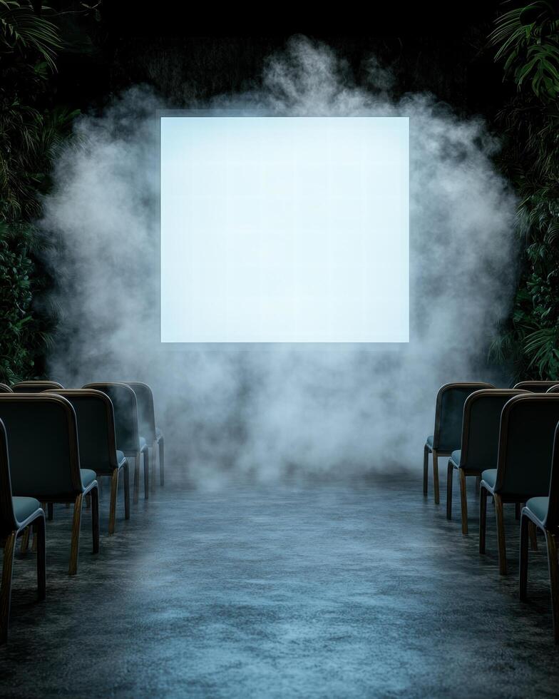 mysterious stage with smoke and white screen photo