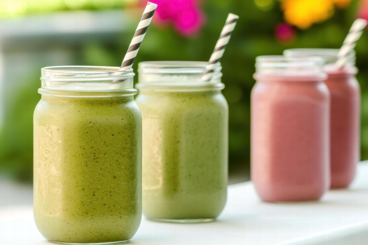Refreshing green smoothie drinks in mason jars photo