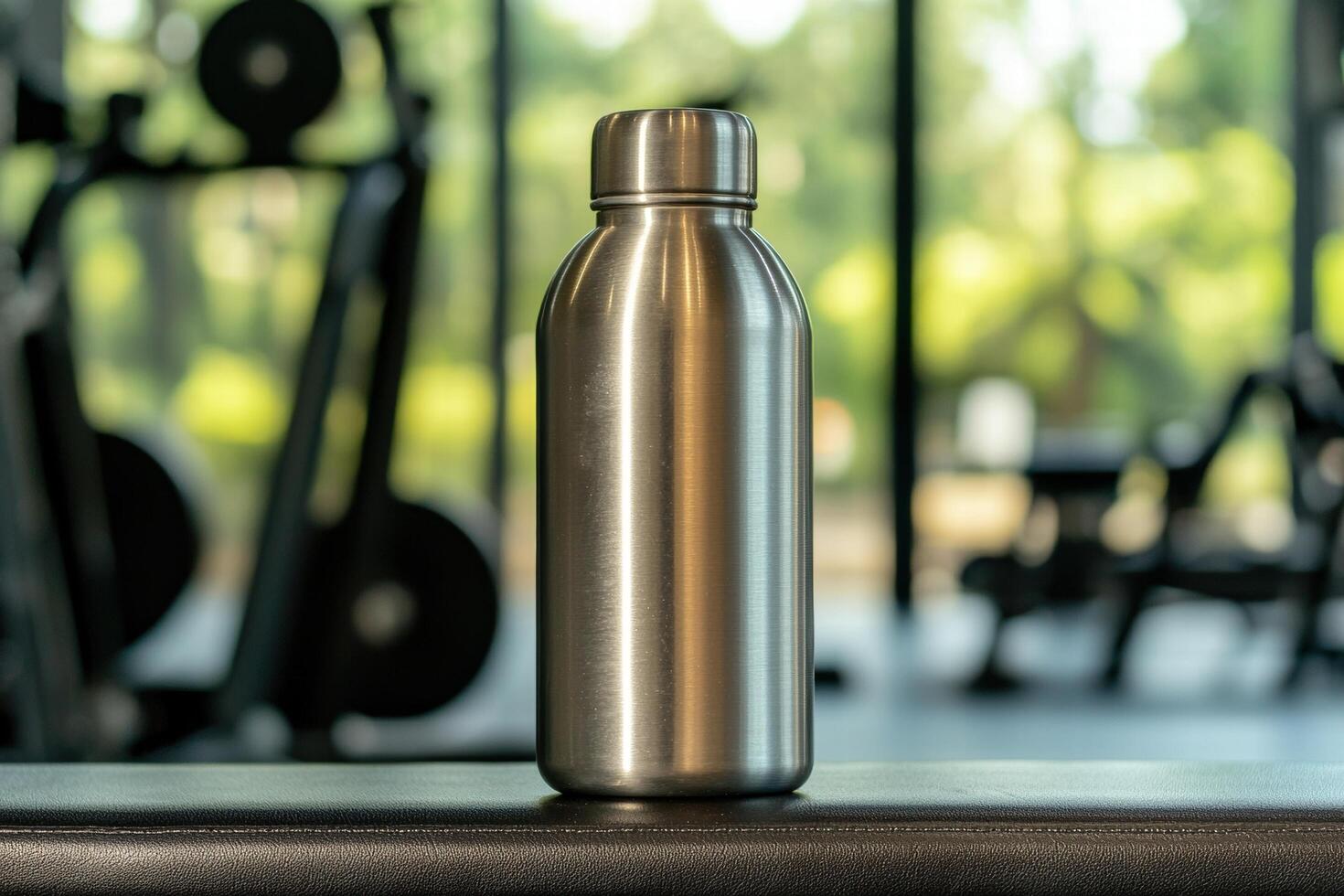 Stainless steel water bottle on wooden table photo