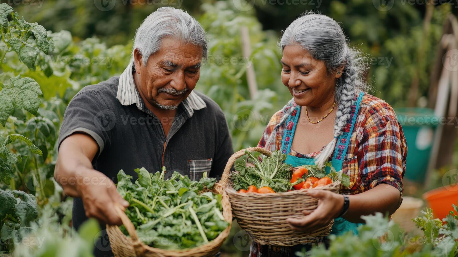 Native American retirees gathering produce on sunny day, serene atmosphere. Man and woman gray haired, active retirees photo