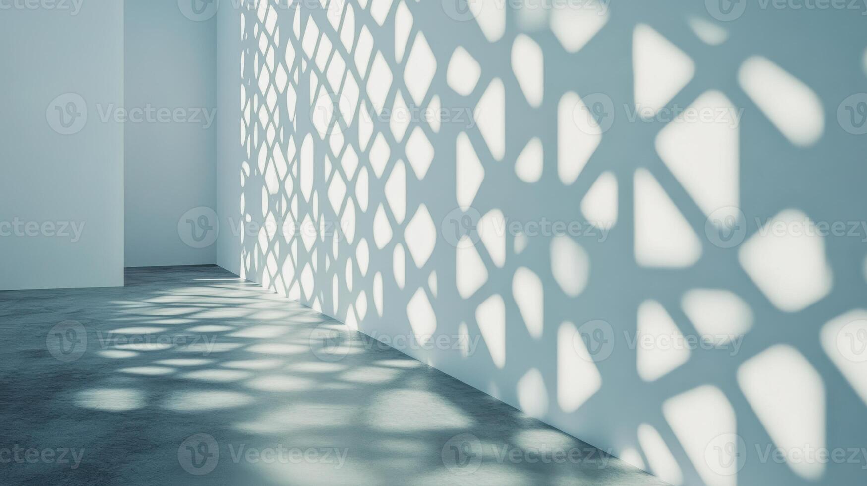 Geometric shadows cast by lattice screen on white wall, minimal and striking design. Light shadow 3d pattern photo