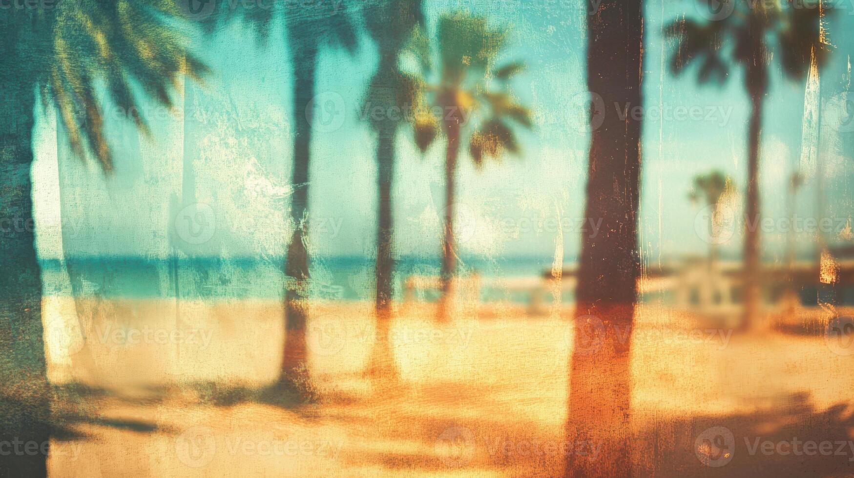 Blurred palms shimmering in midday sun, vibrant summer beach scene. Blurred view sandy beach palms photo