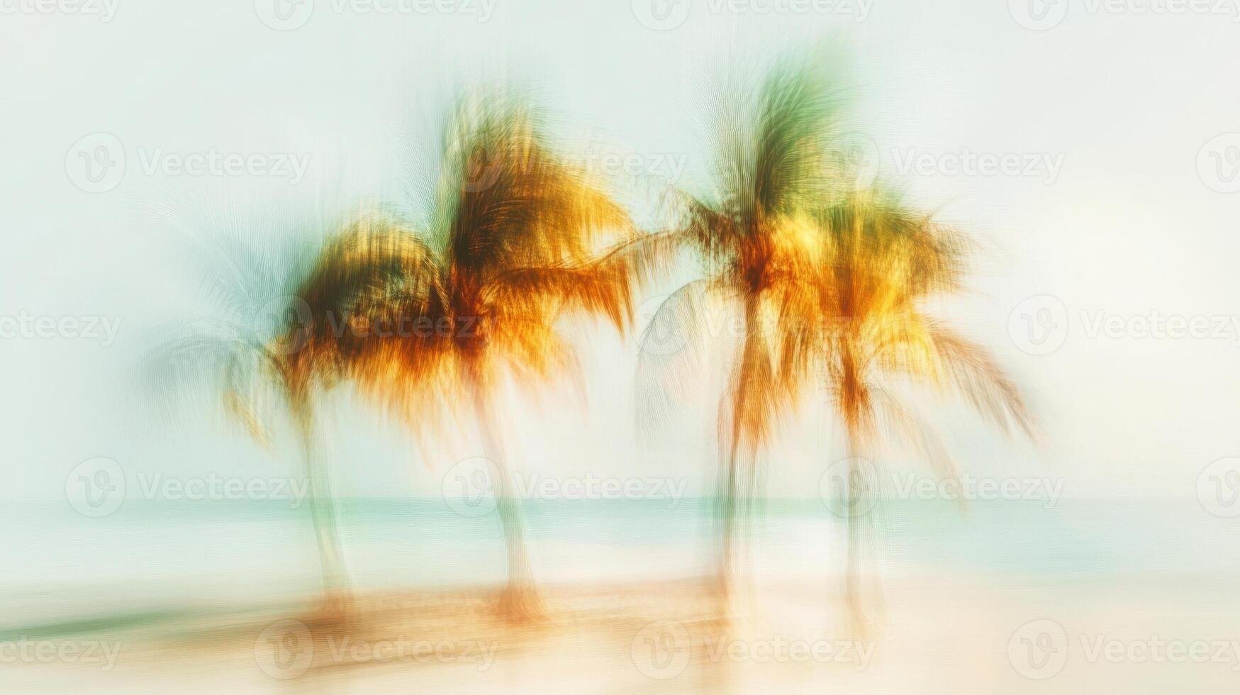 Bright sand and blurred palms under the sun, lazy tropical day feeling. Blurred view sandy beach palms photo