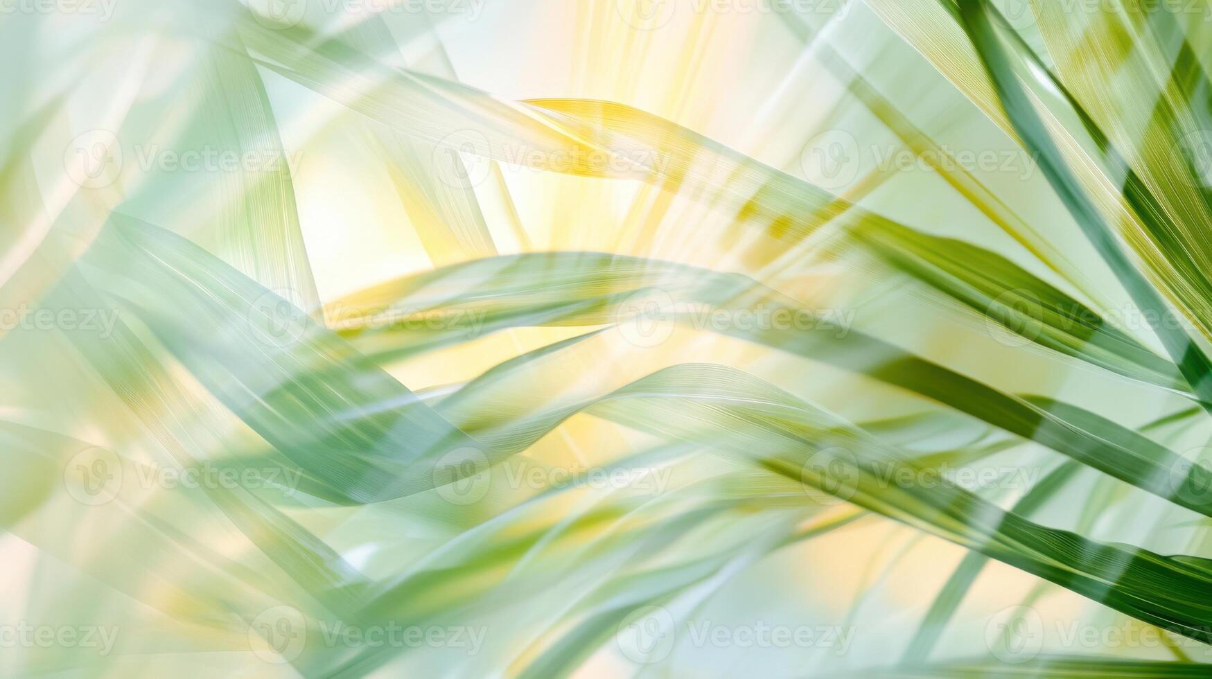 Blurred palm leaves close-up, soft greens and yellows creating tropical calm. Blurred view sandy beach palms photo