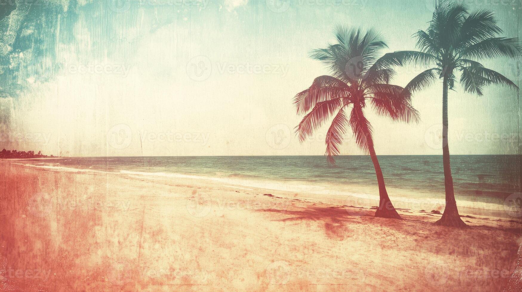 Vintage beach scene with blurred palms, nostalgic and retro soft tones. Blurred view sandy beach palms photo