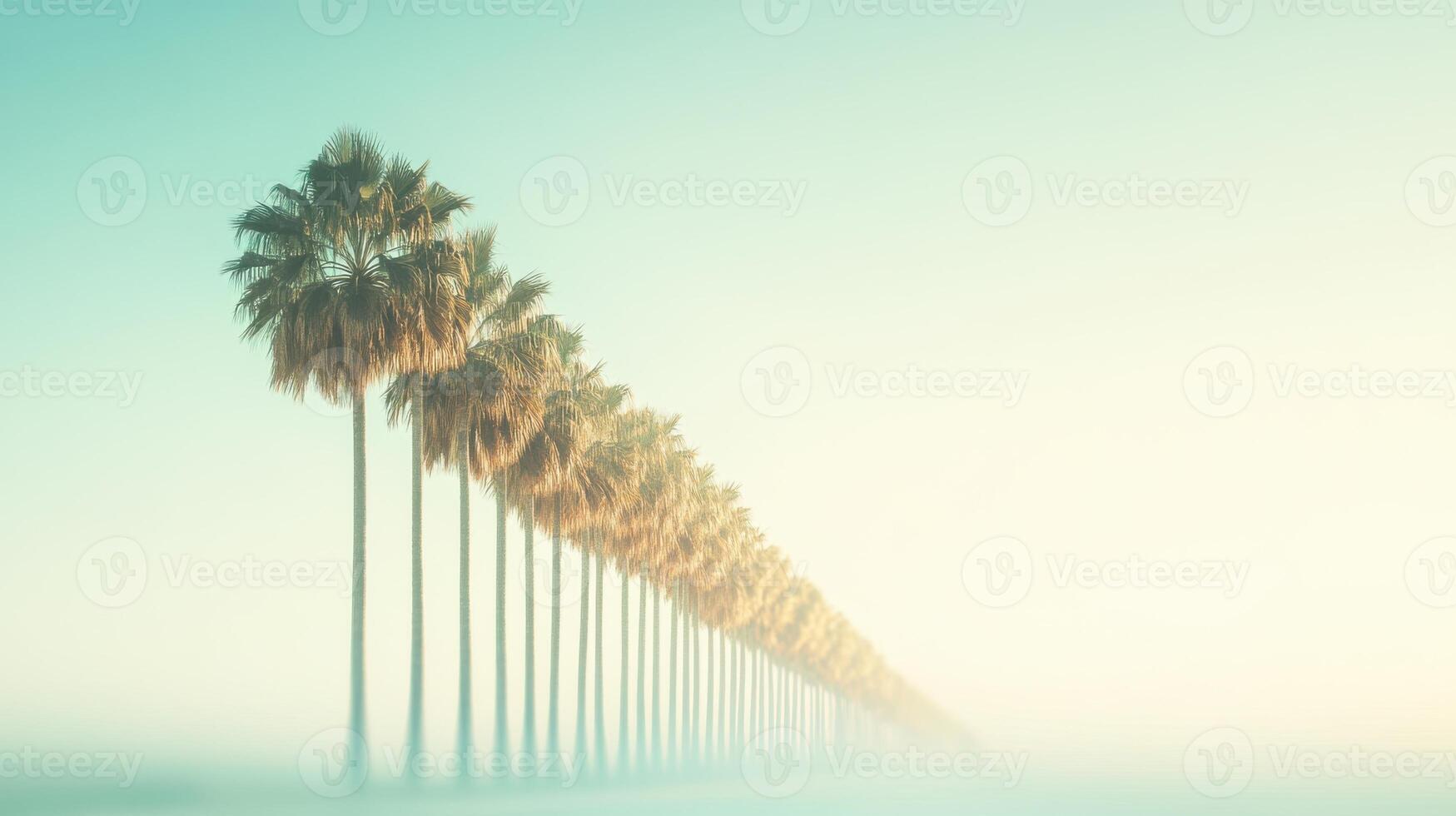 Row of palms fading into distance, serene and tranquil tropical view. Blurred view sandy beach palms photo