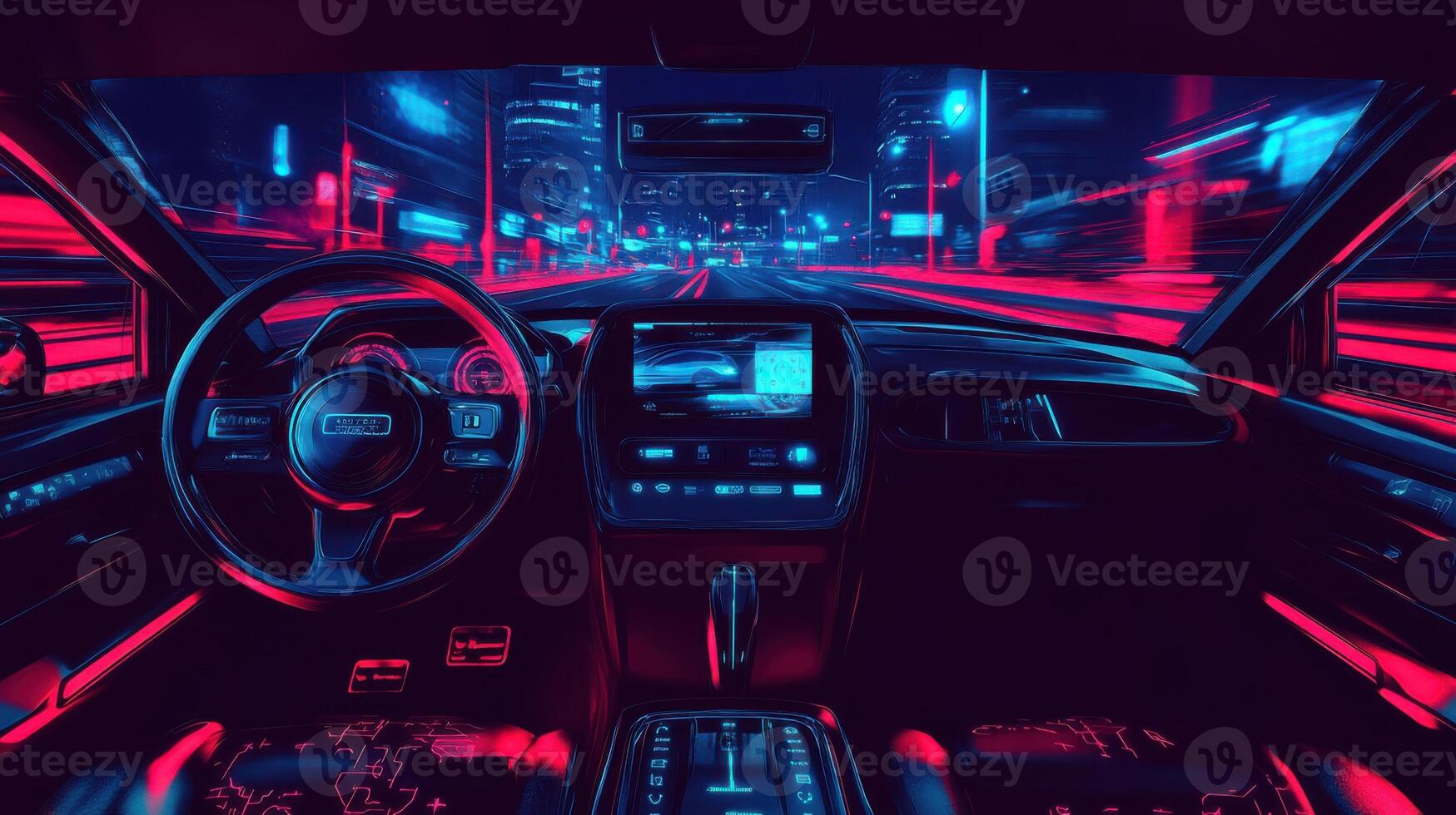 AI interface displaying route and data, advanced self-driving car interior. Robotic cars photo