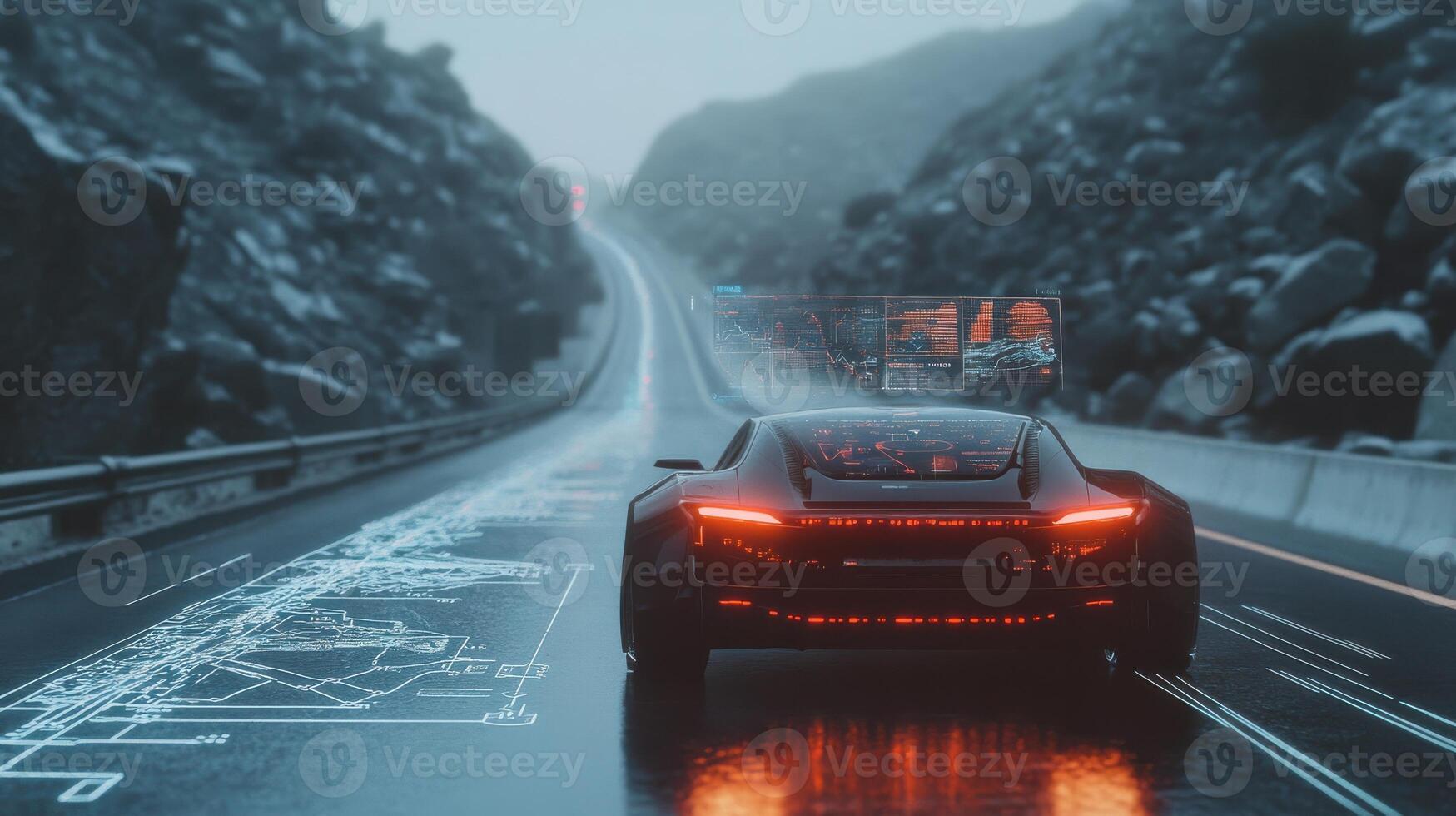 Futuristic car with HUD, digital data overlay on real-world view. Robotic cars photo