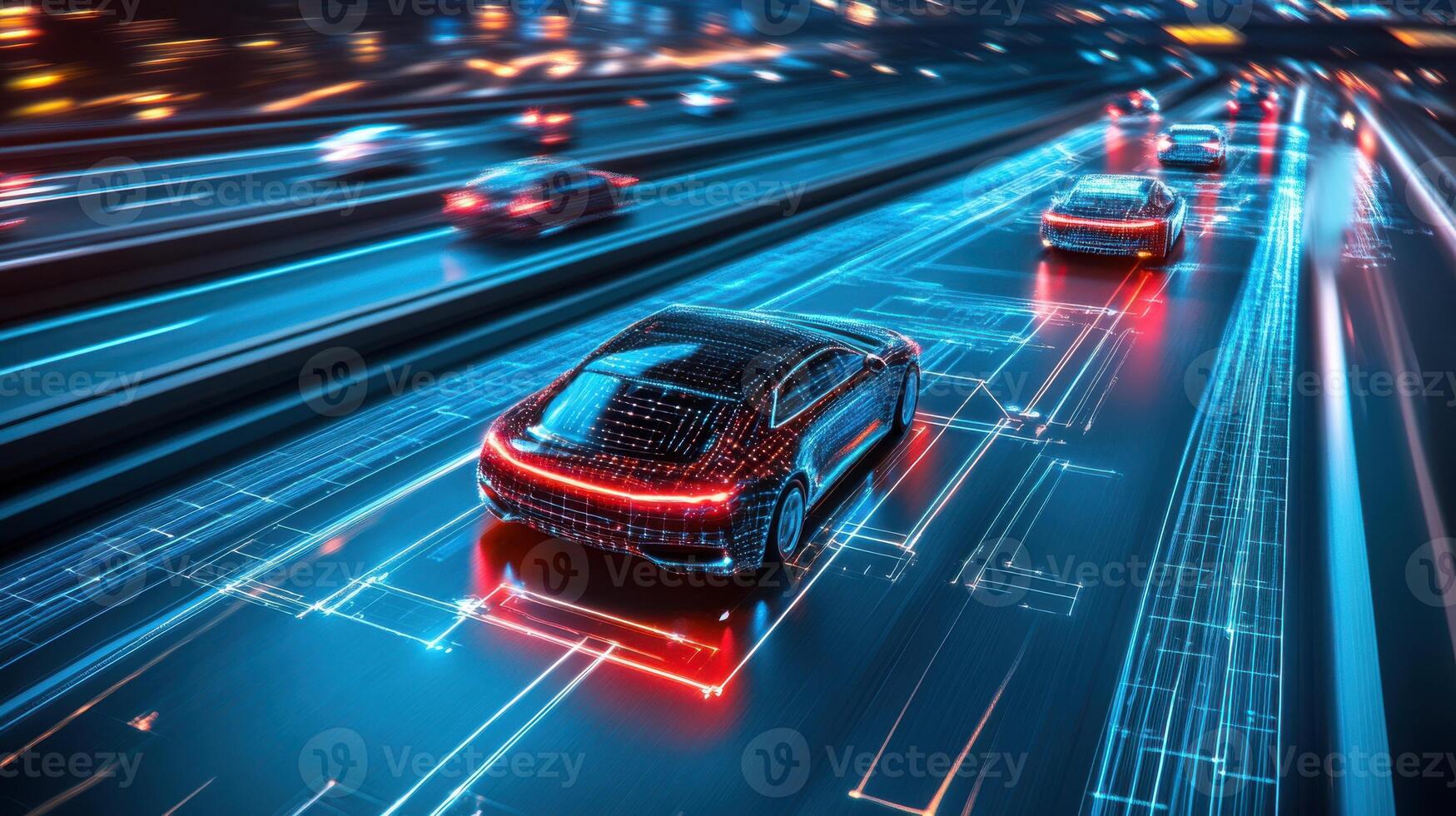Vehicle-to-vehicle data exchange on highway, glowing lines and modern tech. Robotic cars photo