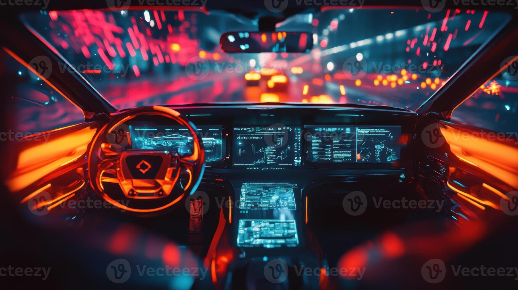 High-tech interior of autonomous car, showcasing real-time navigation display. Robotic cars photo