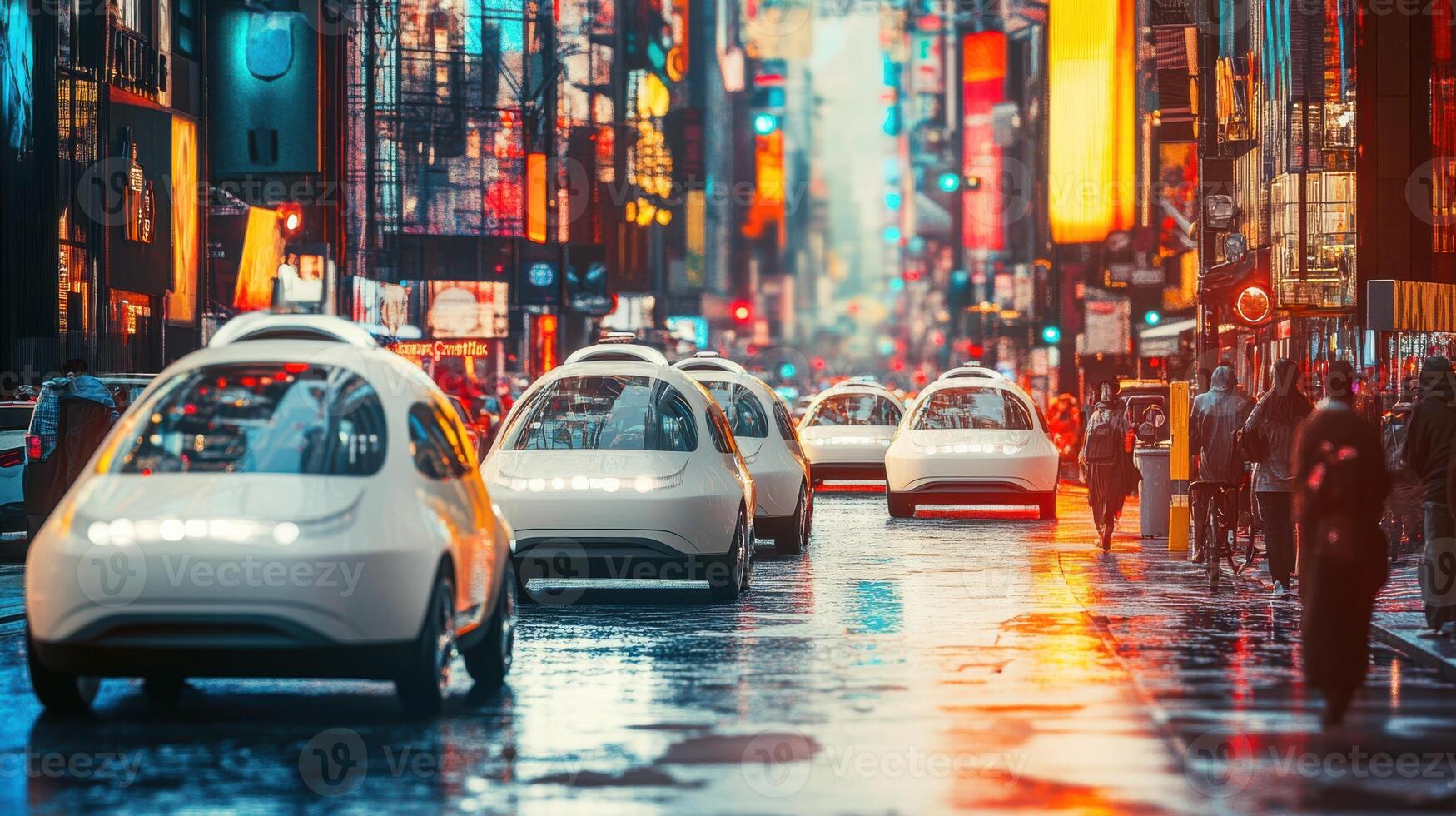 Fleet of driverless taxis parked in bustling city, showcasing autonomous mobility. Robotic cars photo