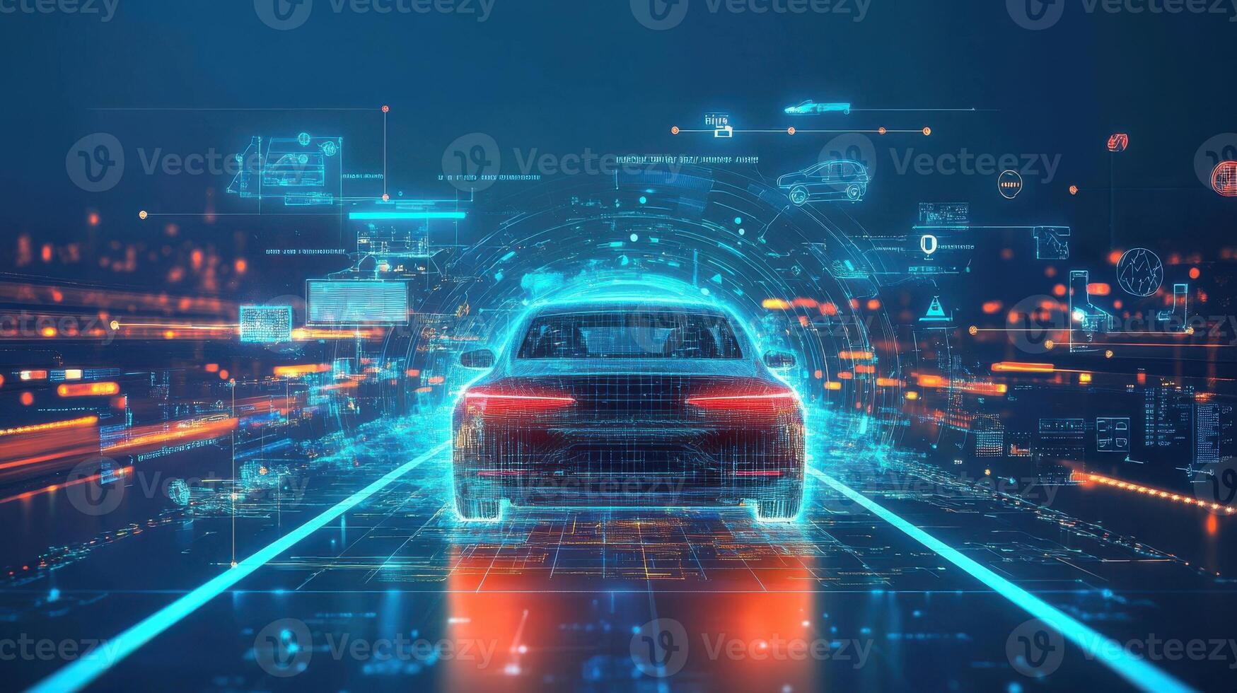 Futuristic car surrounded by AI visualizations, showcasing advanced technology. Robotic cars photo